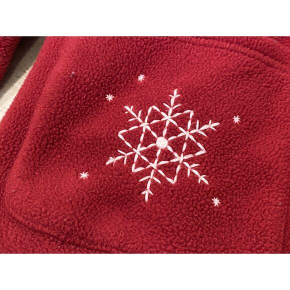 LL Bean Women’s Large L Red Snap Red Fleece Cardigan Sweater Snow Flakes NICE - Picture 4 of 4